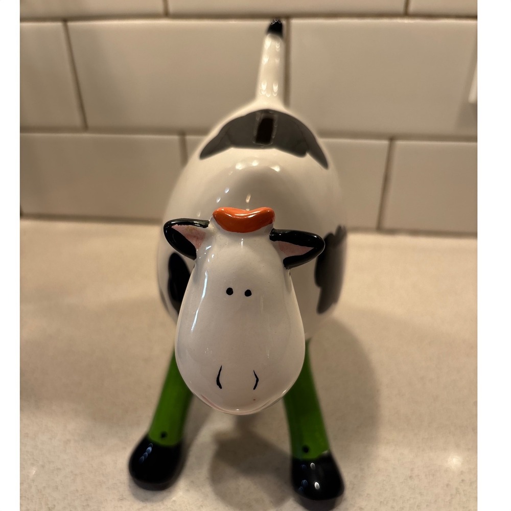 VTG Ceramic Cow Piggy Bank Black White Spotted Whimsical Hand Painted Coin Bank